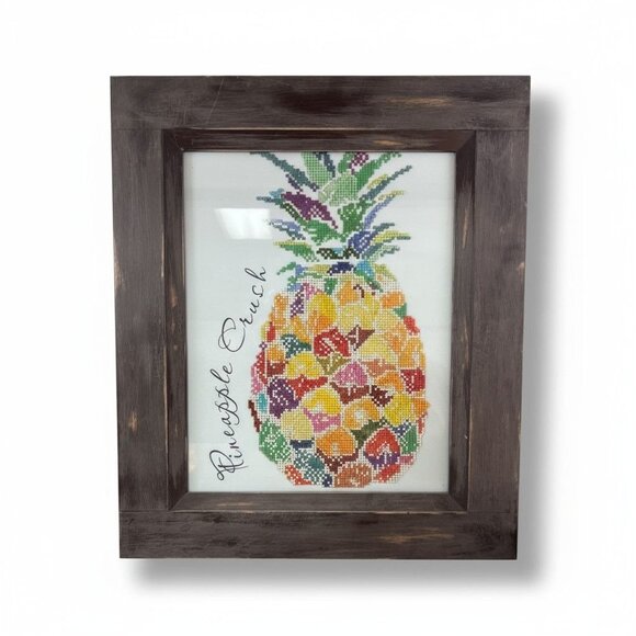Framed Pineapple Punch Beaded Artwork With Rustic Wood Frame 20x17" - Picture 1 of 4